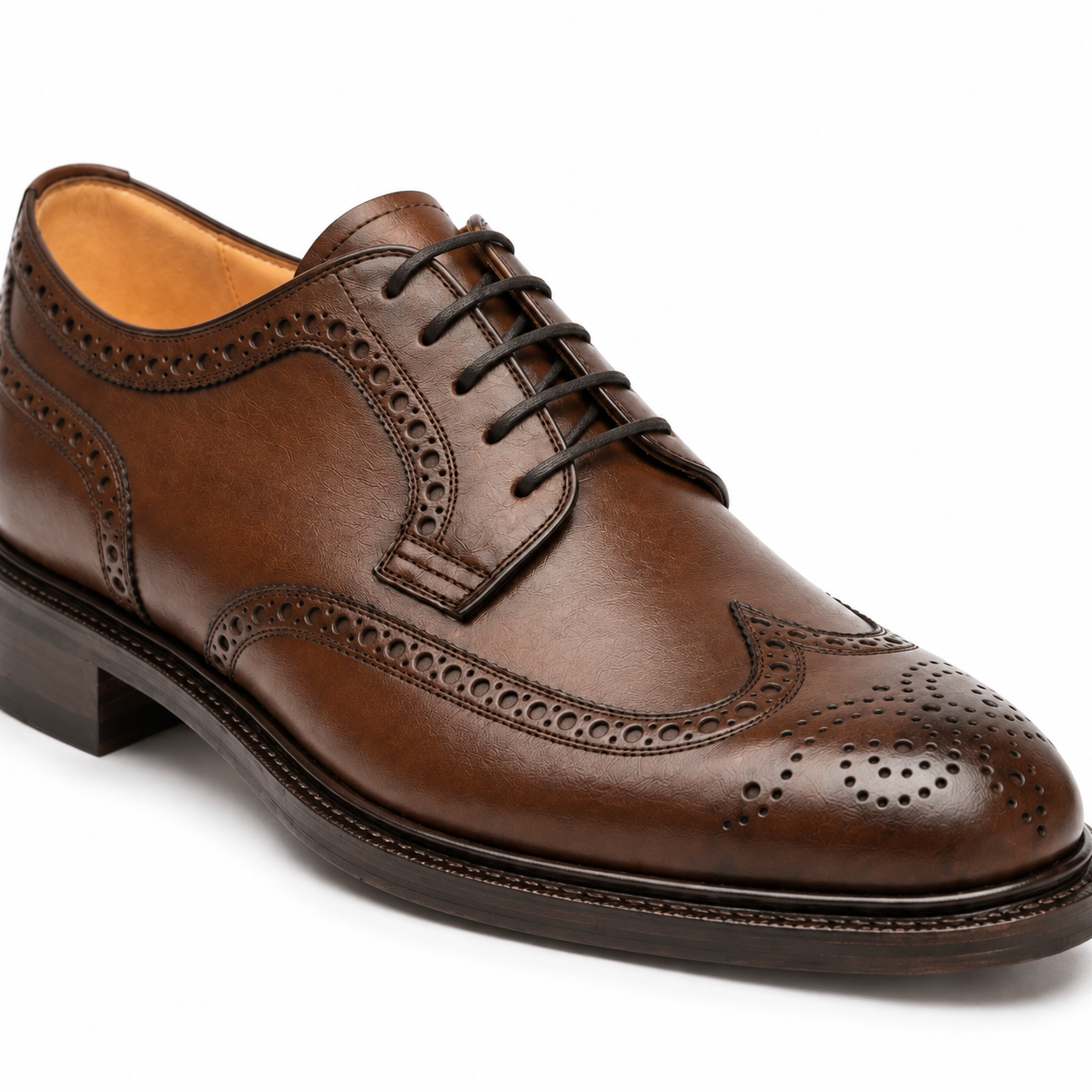 Side view of brown leather lace-up Derby dress shoe