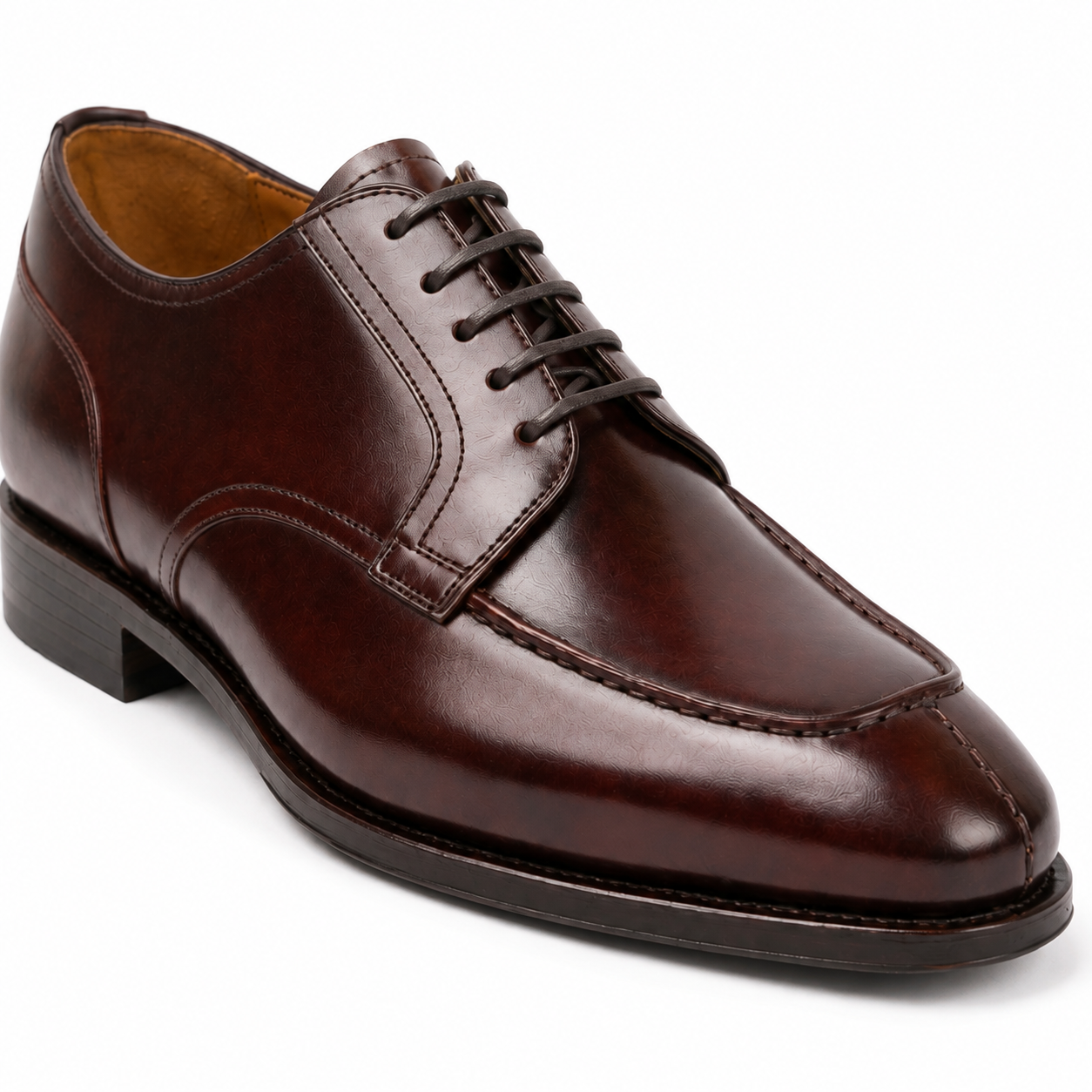 Side view of dark brown leather lace-up Oxford dress shoe