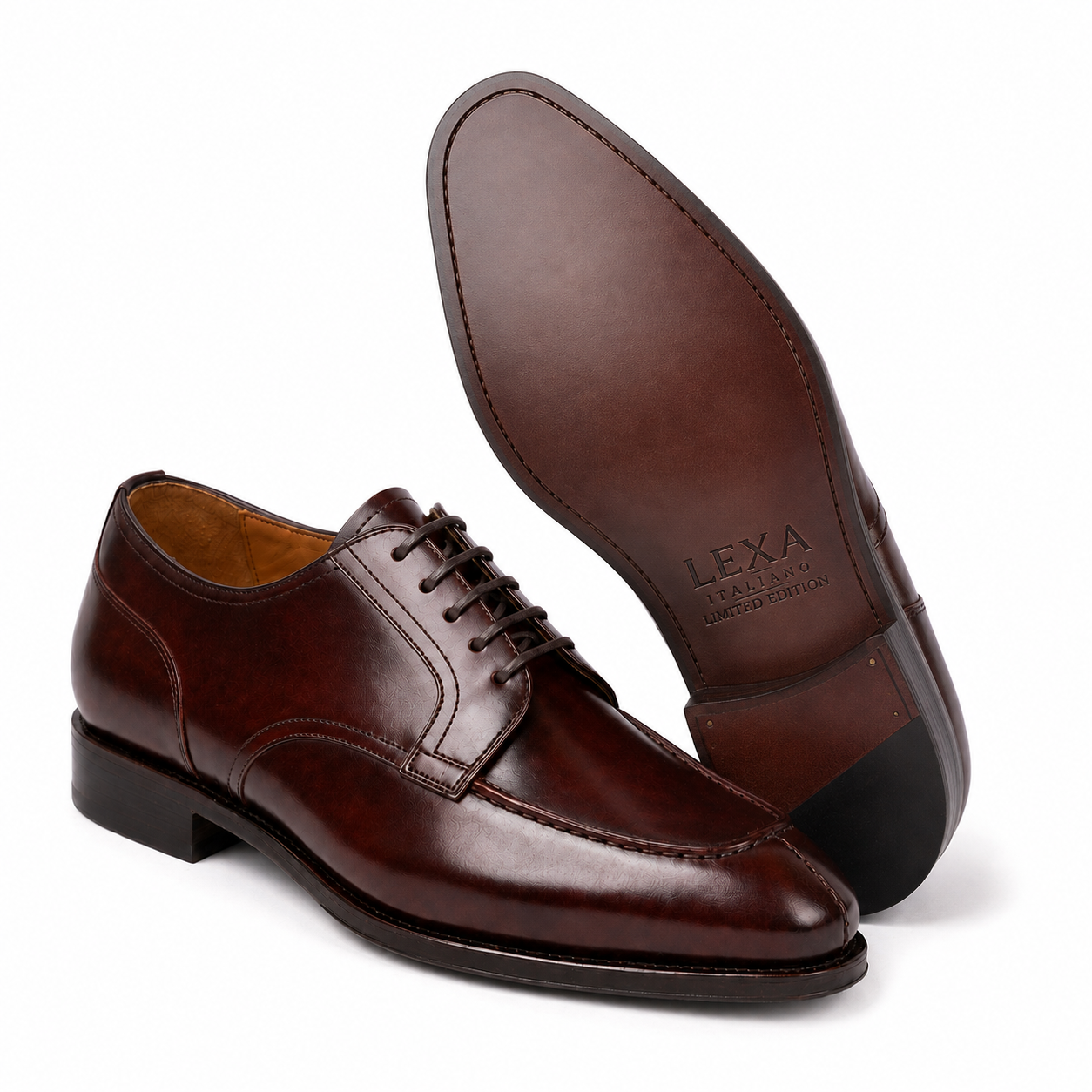 Dark brown leather Oxford shoe showing the sole and construction