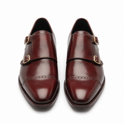 Front view of dark brown leather double monk strap shoes for men