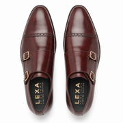 Top view of dark brown leather double monk strap shoes for men