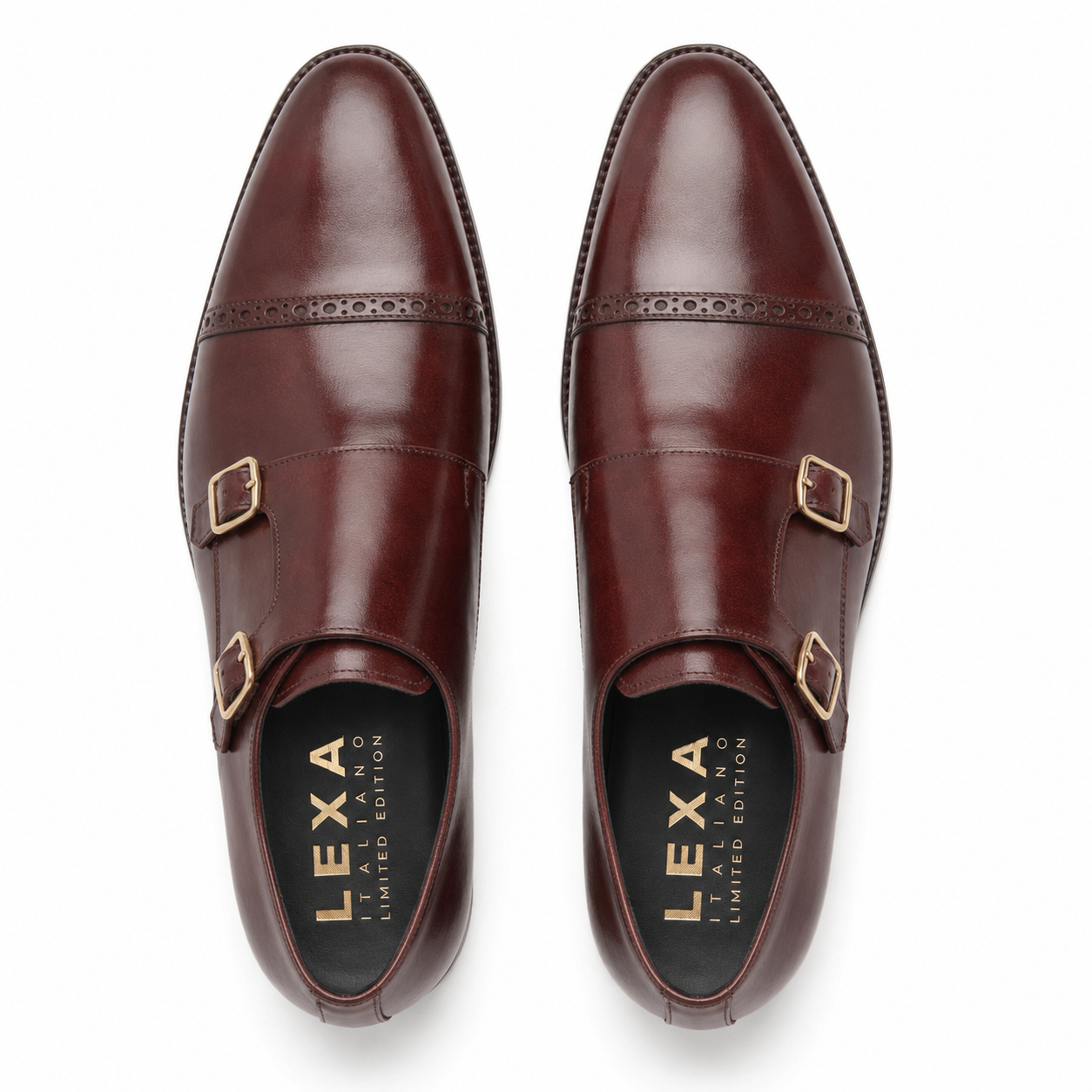 Top view of dark brown leather double monk strap shoes for men