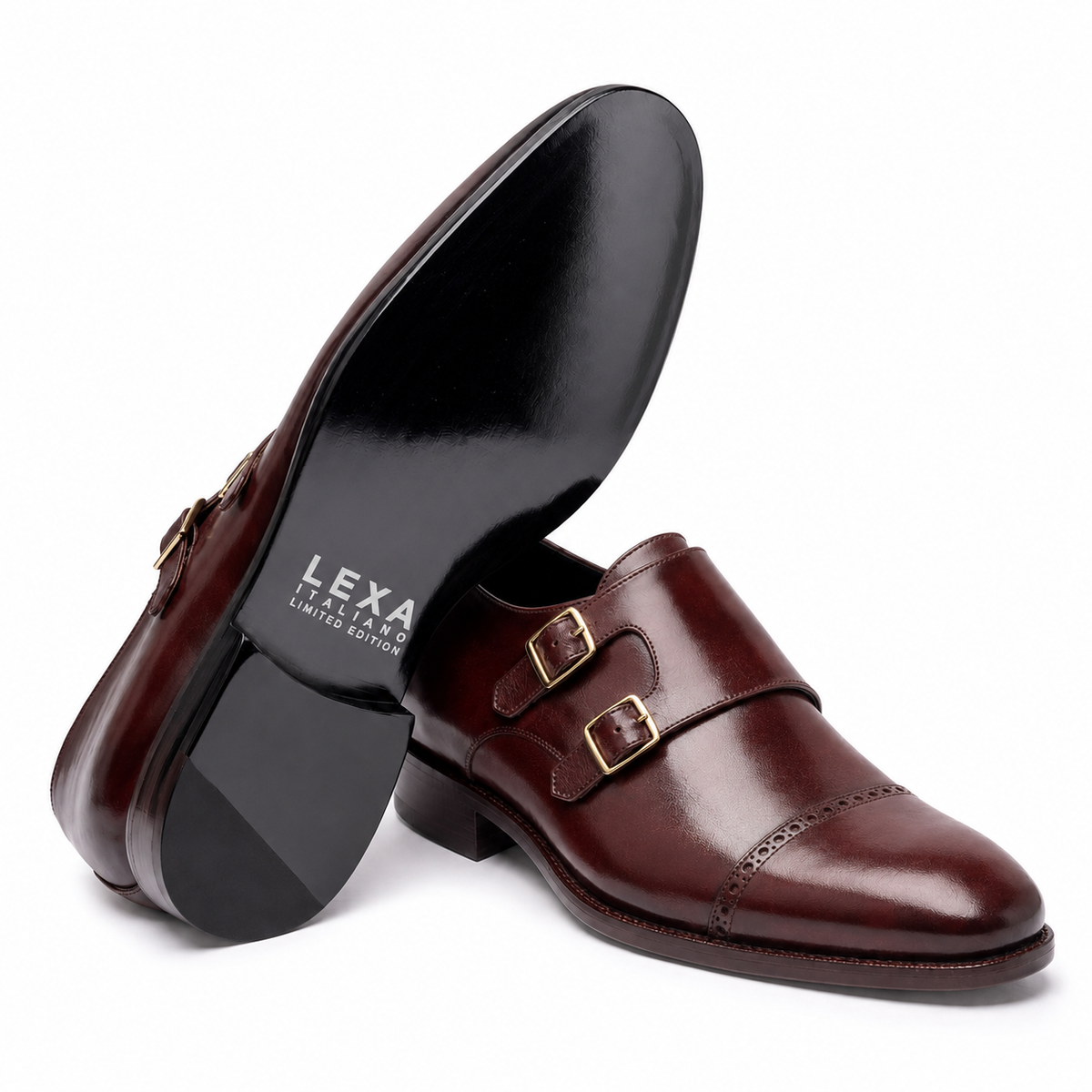 Angled view showing the sole of dark brown leather monk strap shoe
