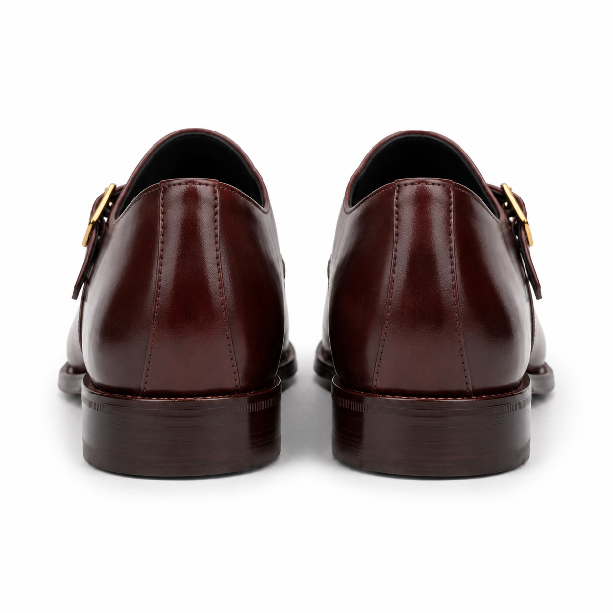 Back view of dark brown leather double monk strap shoes
