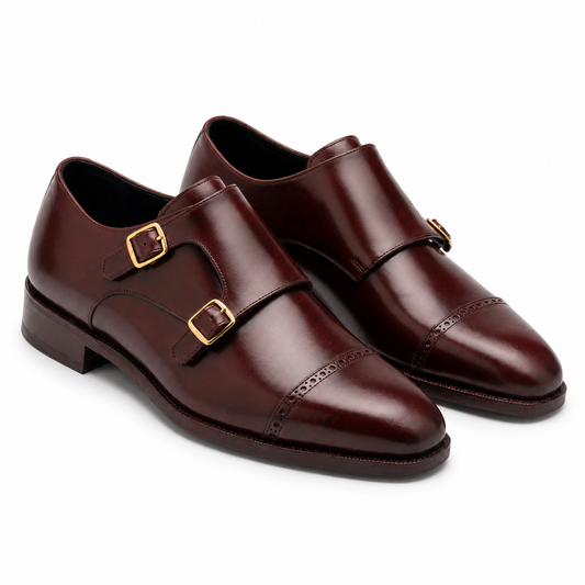 Burgundy Double Monk Strap Leather Dress Shoes