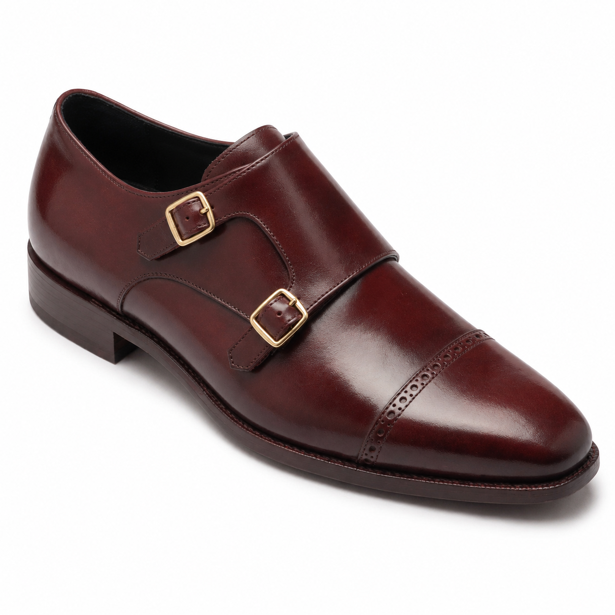 Side view of dark brown leather double monk strap dress shoe