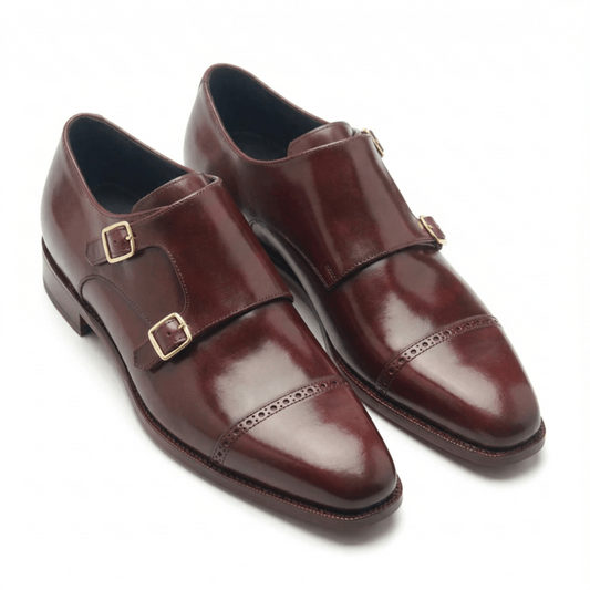 Burgundy Double Monk Strap Leather Dress Shoes
