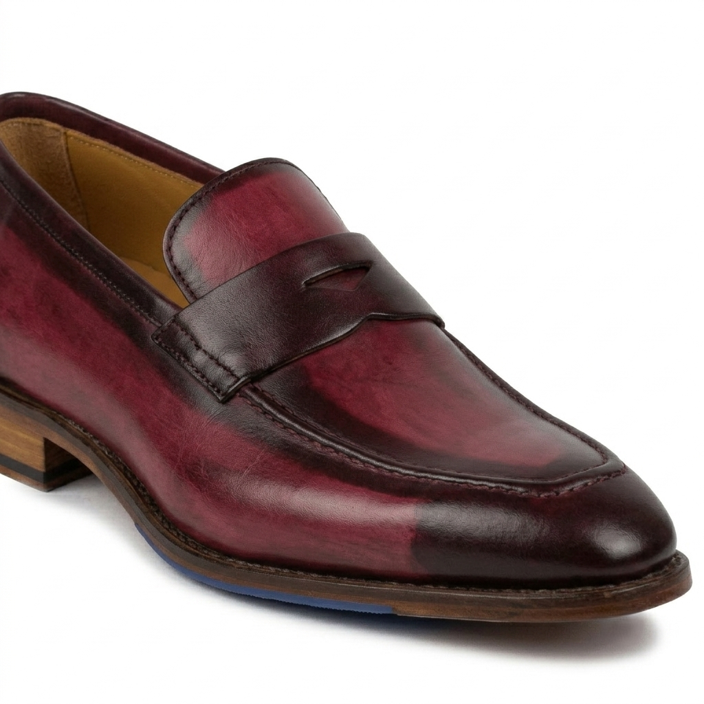 Side view of burgundy leather penny loafers with leather upper