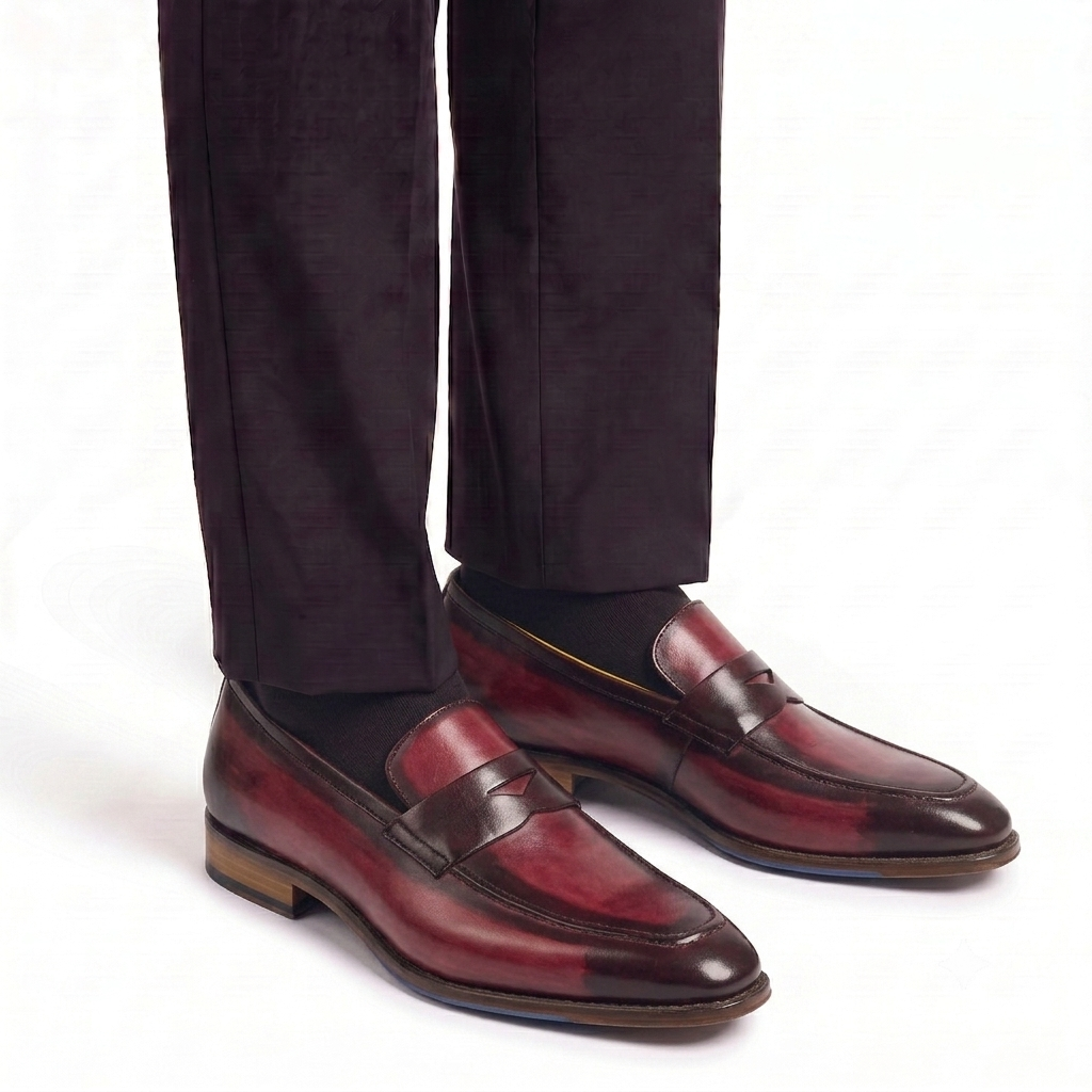Burgundy leather penny loafers for men worn with formal trousers