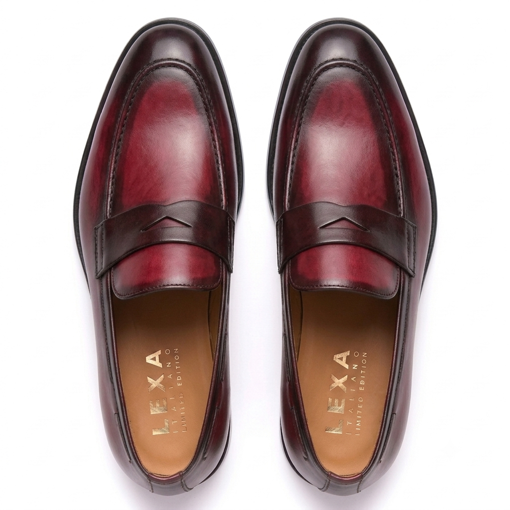 Top view of burgundy leather penny loafers for men