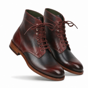 Angled view of dark brown leather lace-up ankle boots