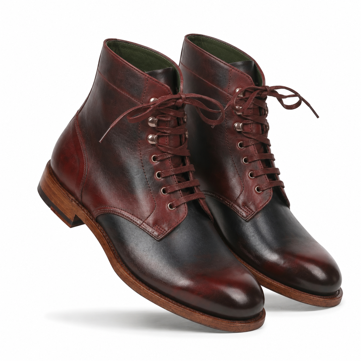 Angled view of dark brown leather lace-up ankle boots