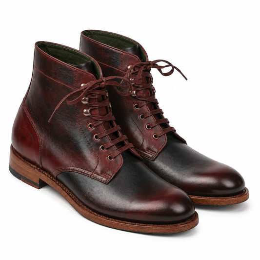 Burgundy Leather Lace-Up Ankle Boots for Men