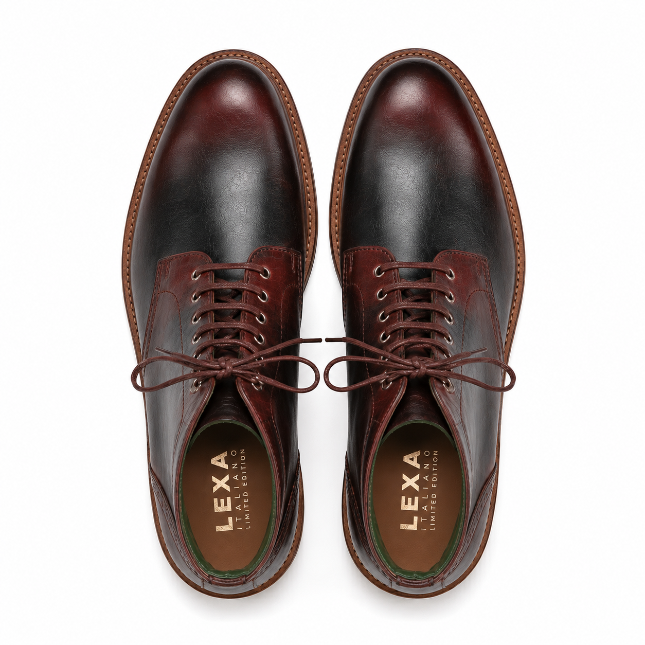 Top view of dark brown leather lace-up ankle boots
