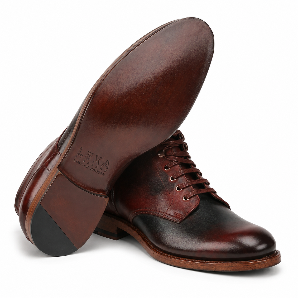 Bottom sole view of dark brown leather ankle boot
