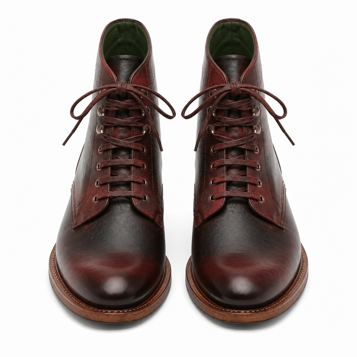 Front view of dark brown leather lace-up ankle boots