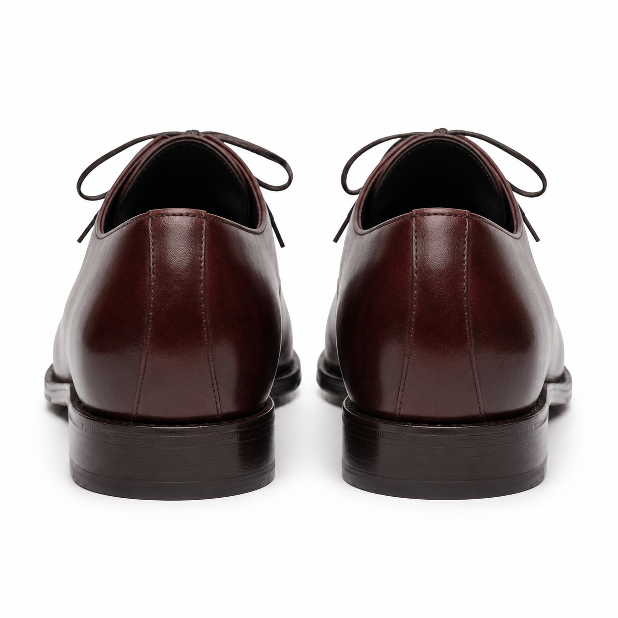 Rear view of brown leather Oxford shoes showing heel design