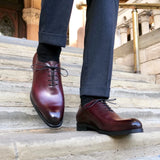 Handcrafted oxblood leather Camden Wholecut Oxford showing fine stitching