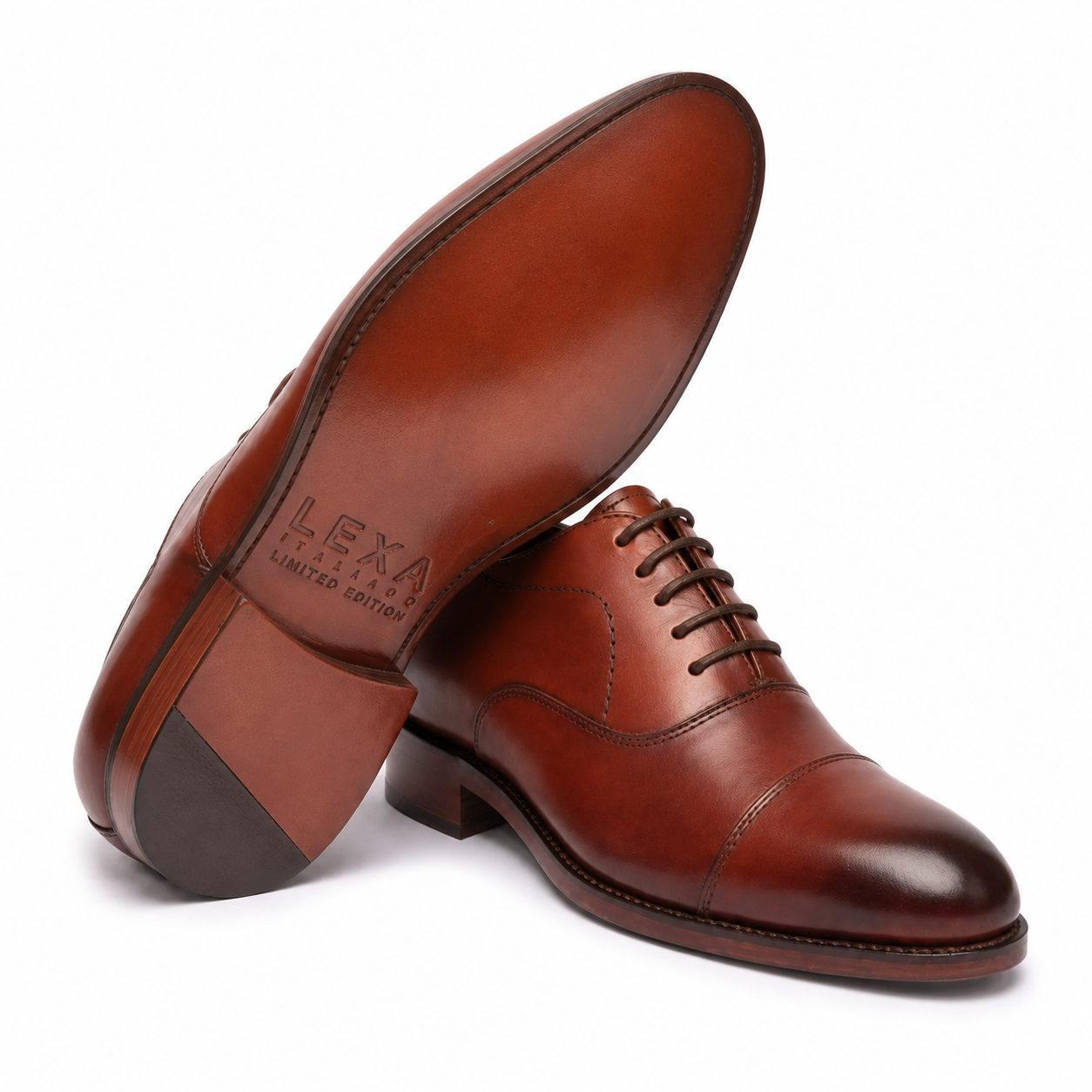 Brown leather Derby shoes shown in crossed side view
