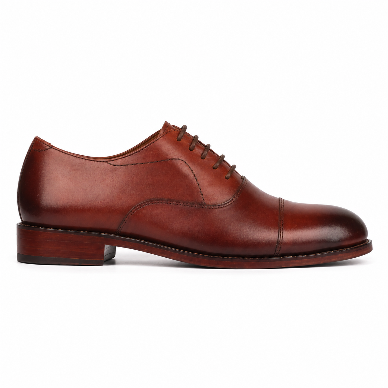Side profile of premium brown leather Derby shoe