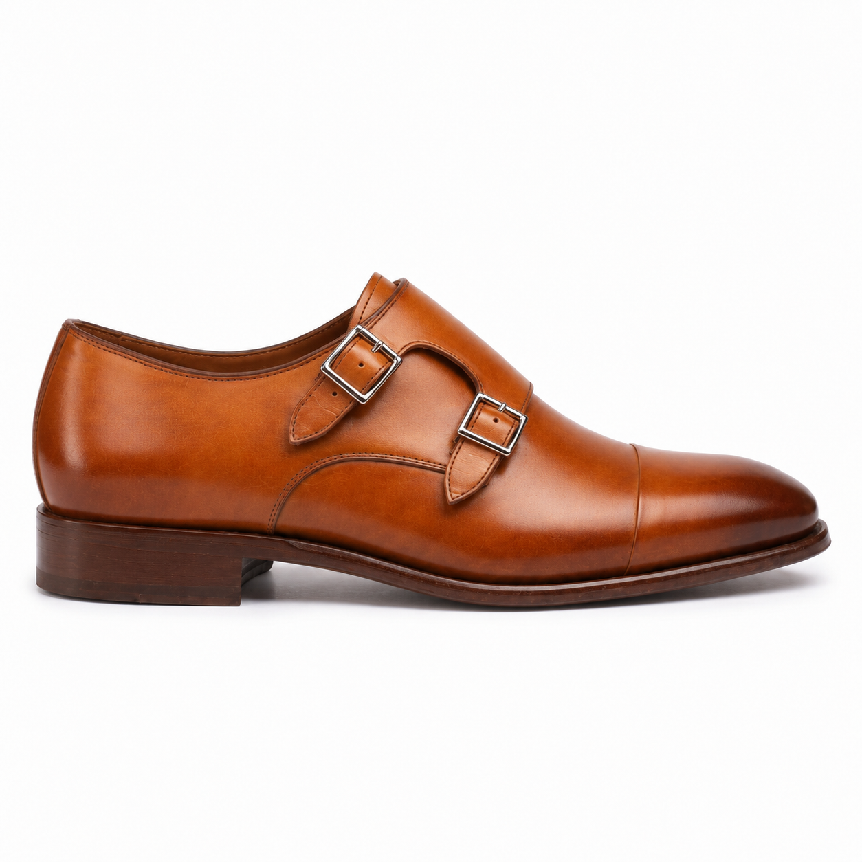 Sole view of tan brown double monk strap leather shoes for men