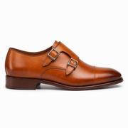 Sole view of tan brown double monk strap leather shoes for men