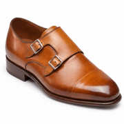 Side view of men's tan brown double monk strap leather shoes