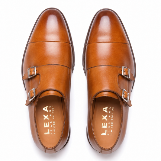 Chestnut Double Monk Strap Leather Shoes for Men
