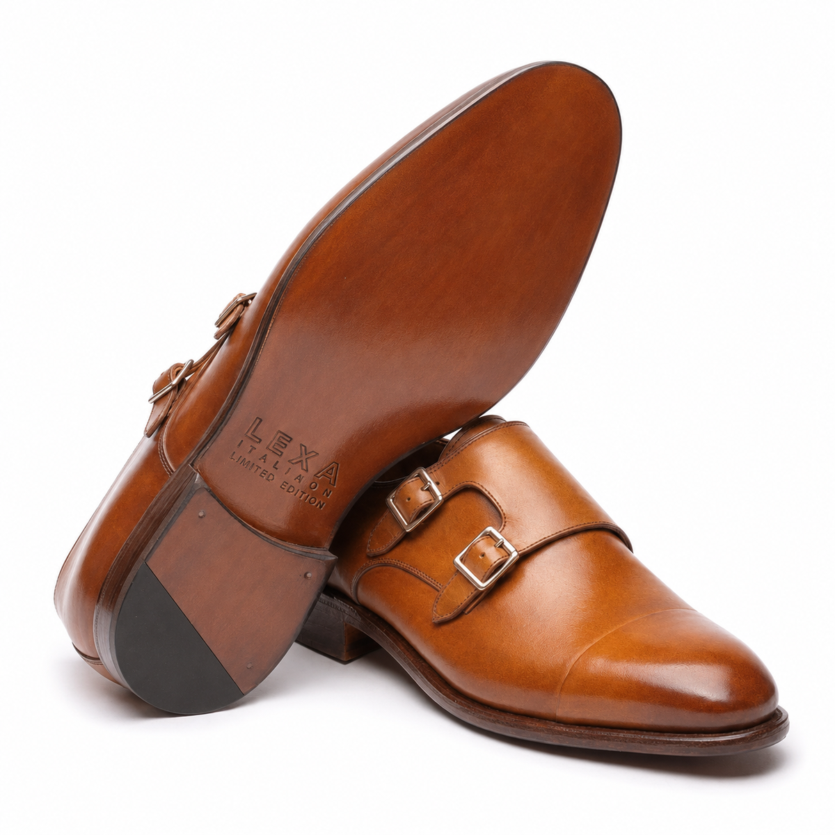 Bottom view of men's tan brown double monk strap leather shoes