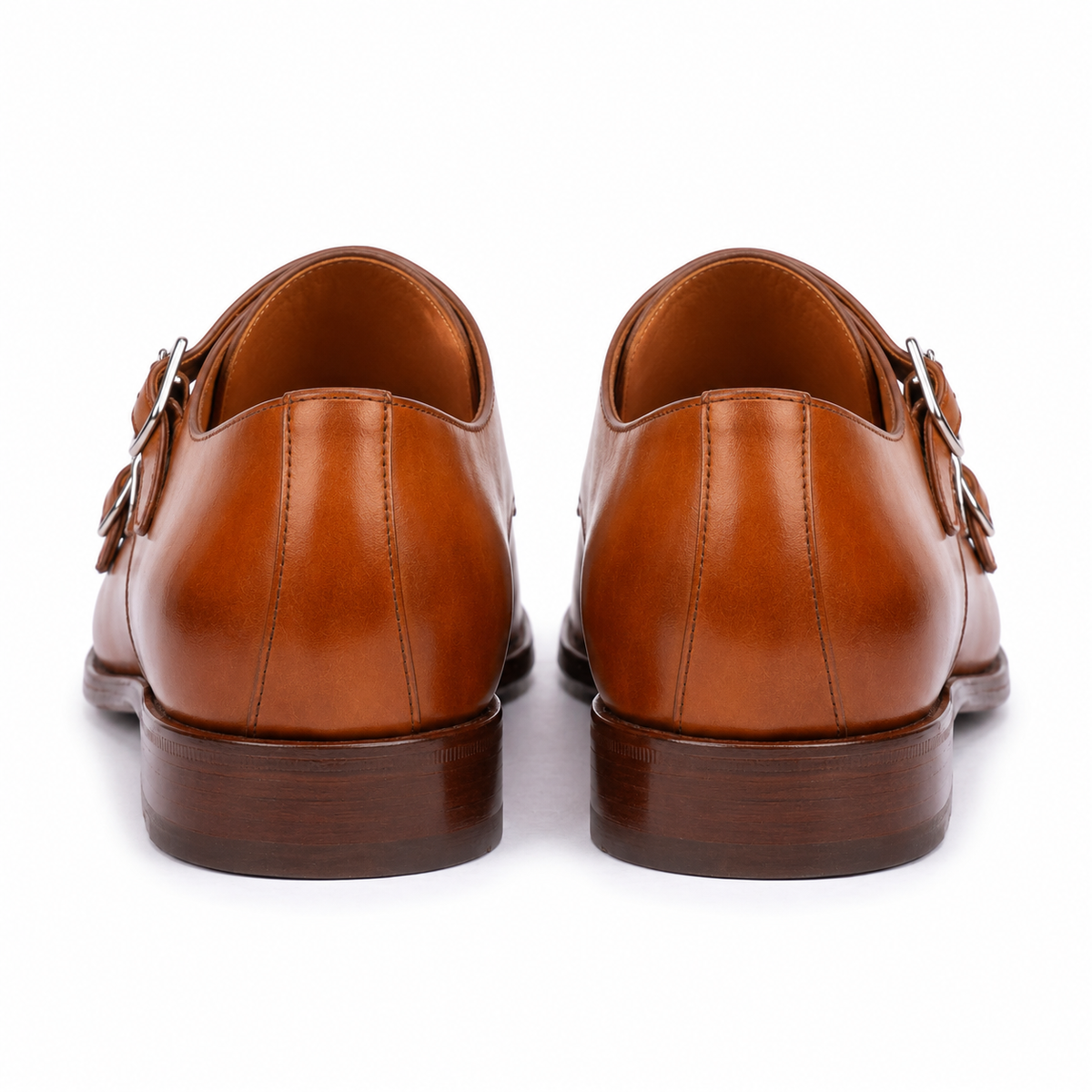 Back view of tan brown double monk strap leather shoes