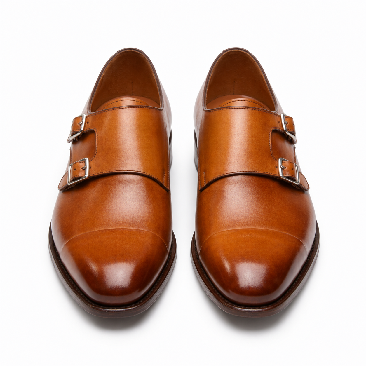 Front view of tan brown double monk strap leather shoes