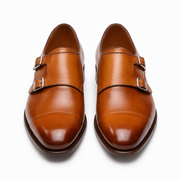 Front view of tan brown double monk strap leather shoes