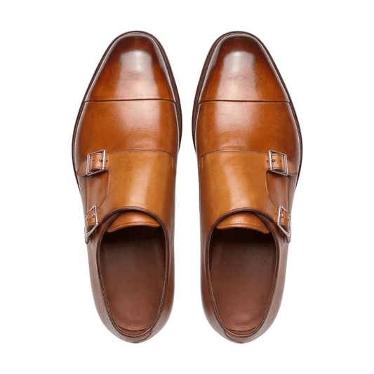 Chestnut Double Monk Strap Leather Shoes for Men