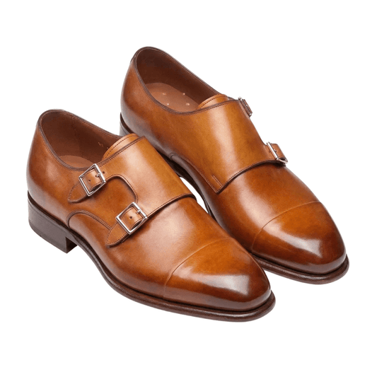 Chestnut Double Monk Strap Leather Shoes for Men