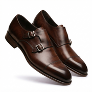 Dark brown leather double monk strap shoes side view