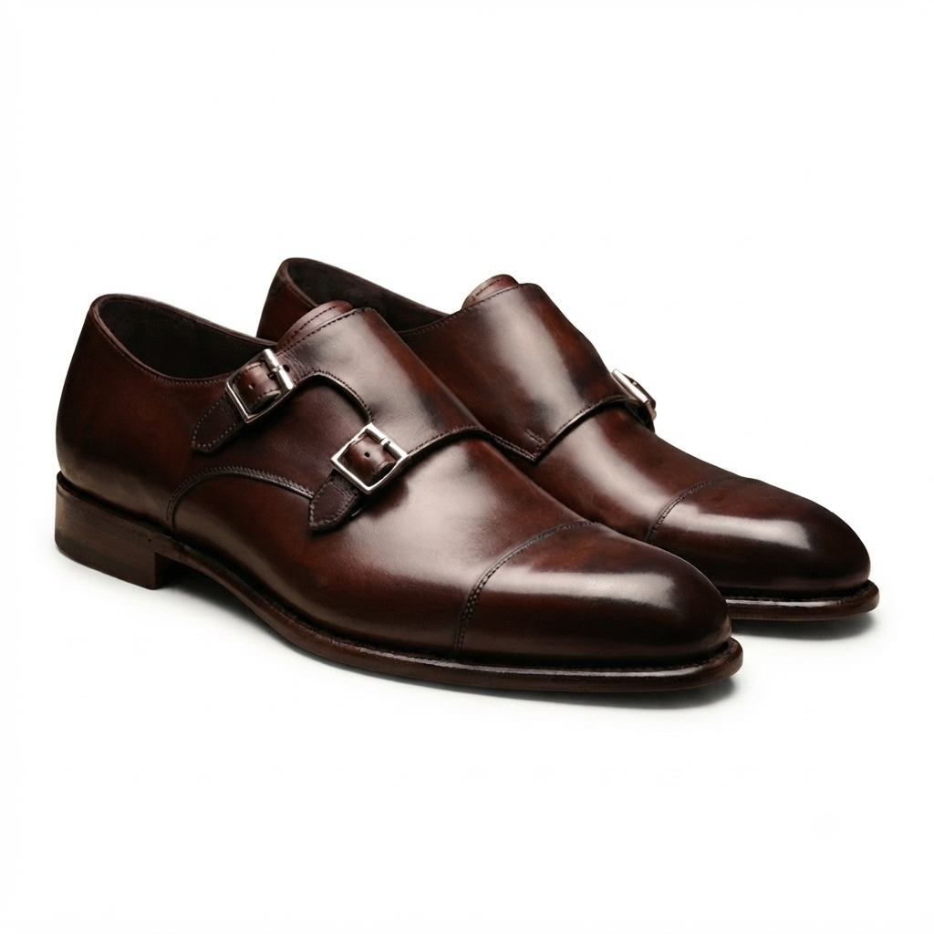 Dark brown leather double monk strap shoes for men