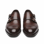 Dark brown leather double monk strap shoes front view