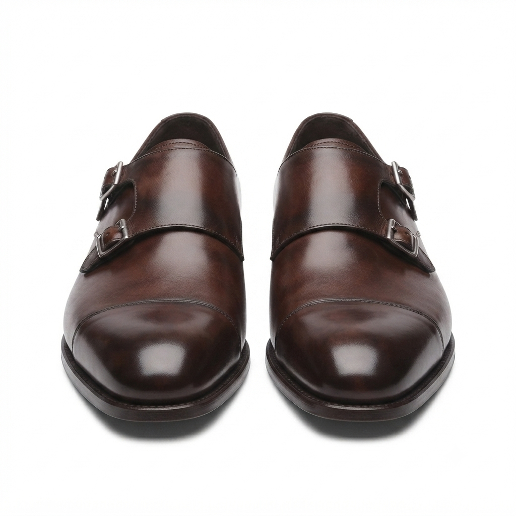 Dark brown leather double monk strap shoes front view