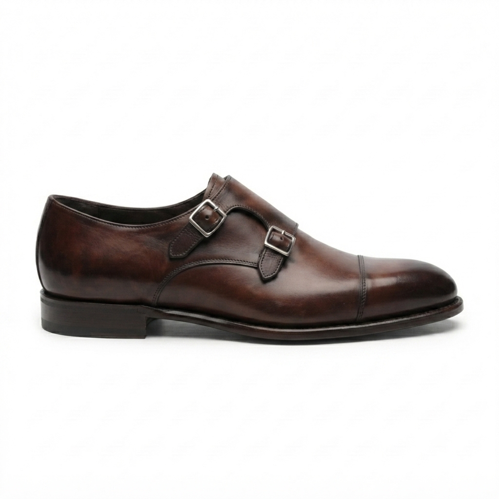 Dark brown leather double monk strap shoe side profile