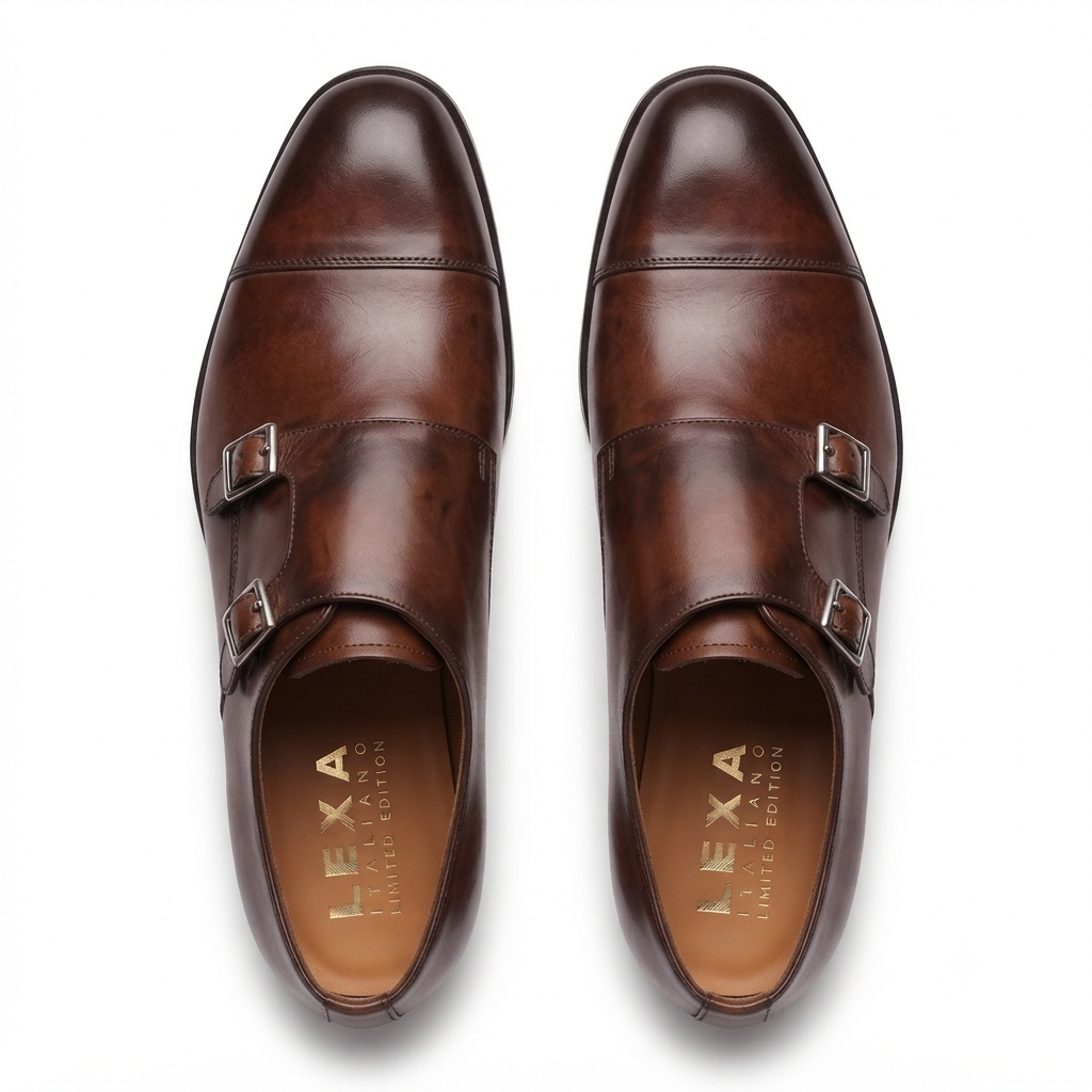 Pair of dark brown leather double monk strap shoes viewed from above