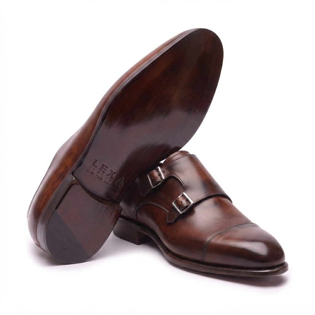 Dark brown leather double monk strap shoe sole and side view