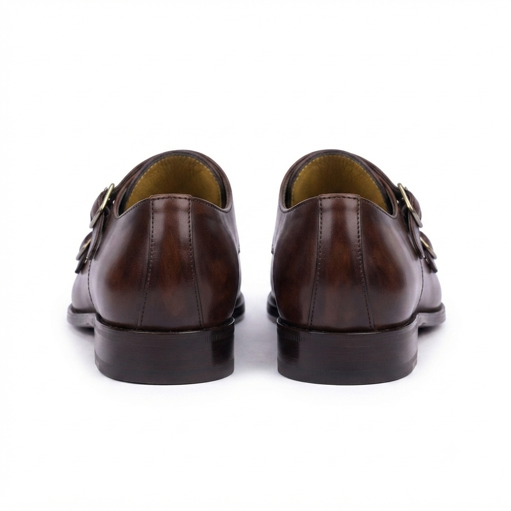Pair of dark brown leather double monk strap shoes rear view