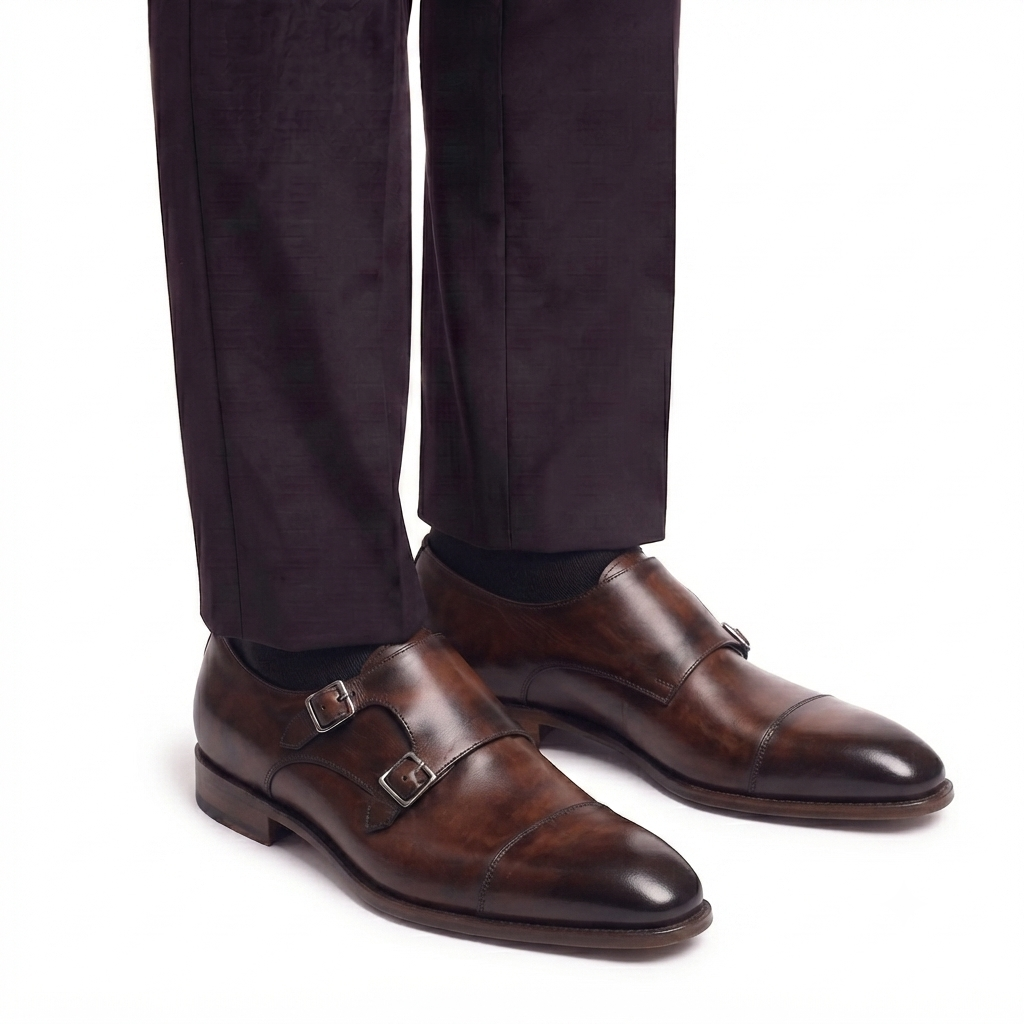 Dark brown double monk strap shoes worn with formal trousers