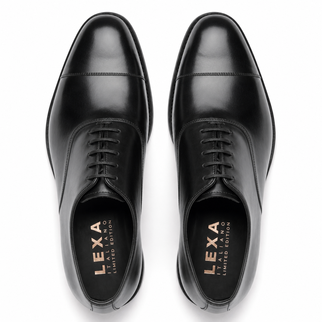 Top view of black leather dress shoes for men