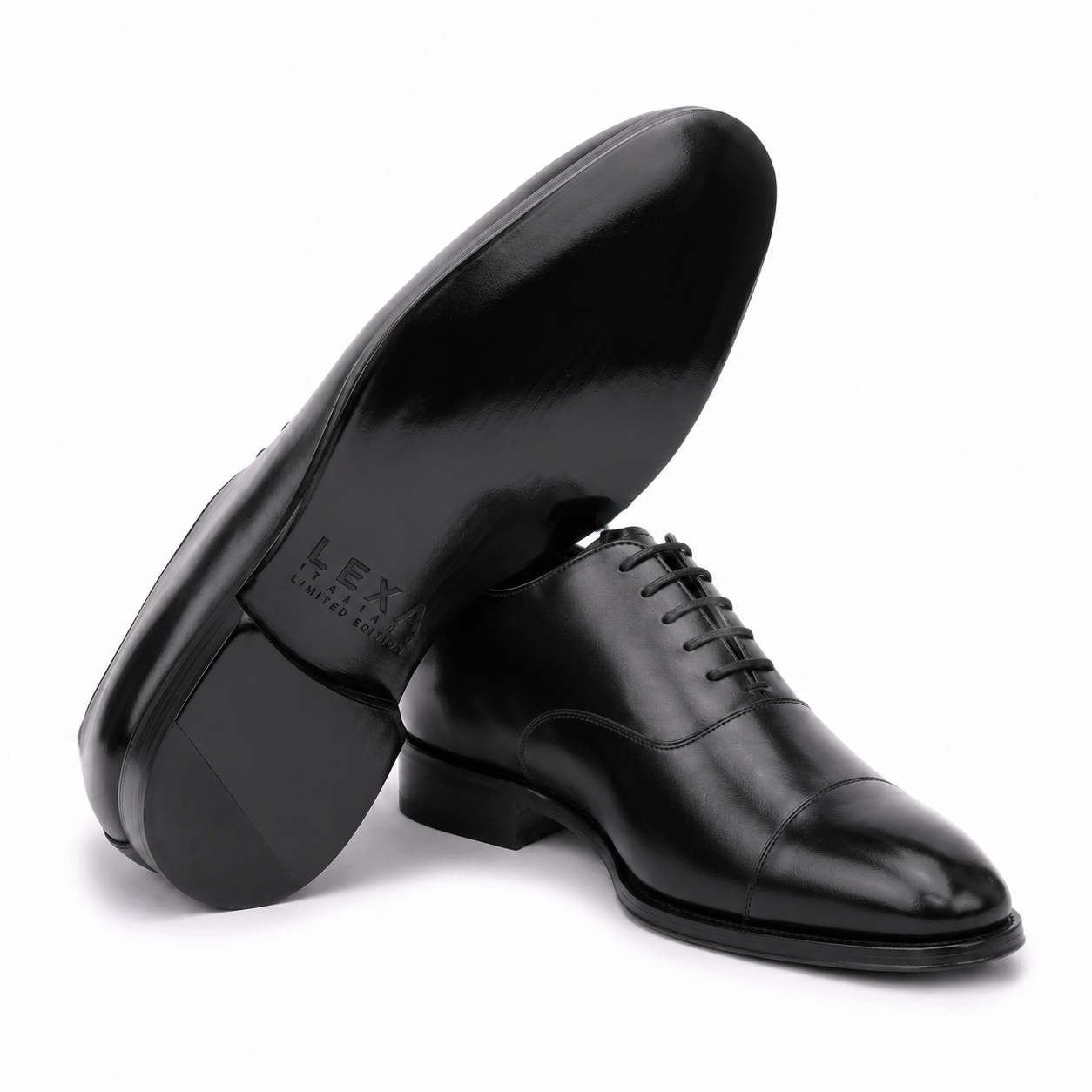 Bottom sole view of black leather dress shoe