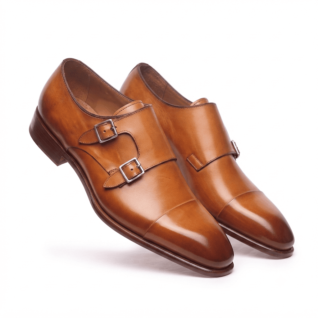 Brown leather double monk strap shoes angled view