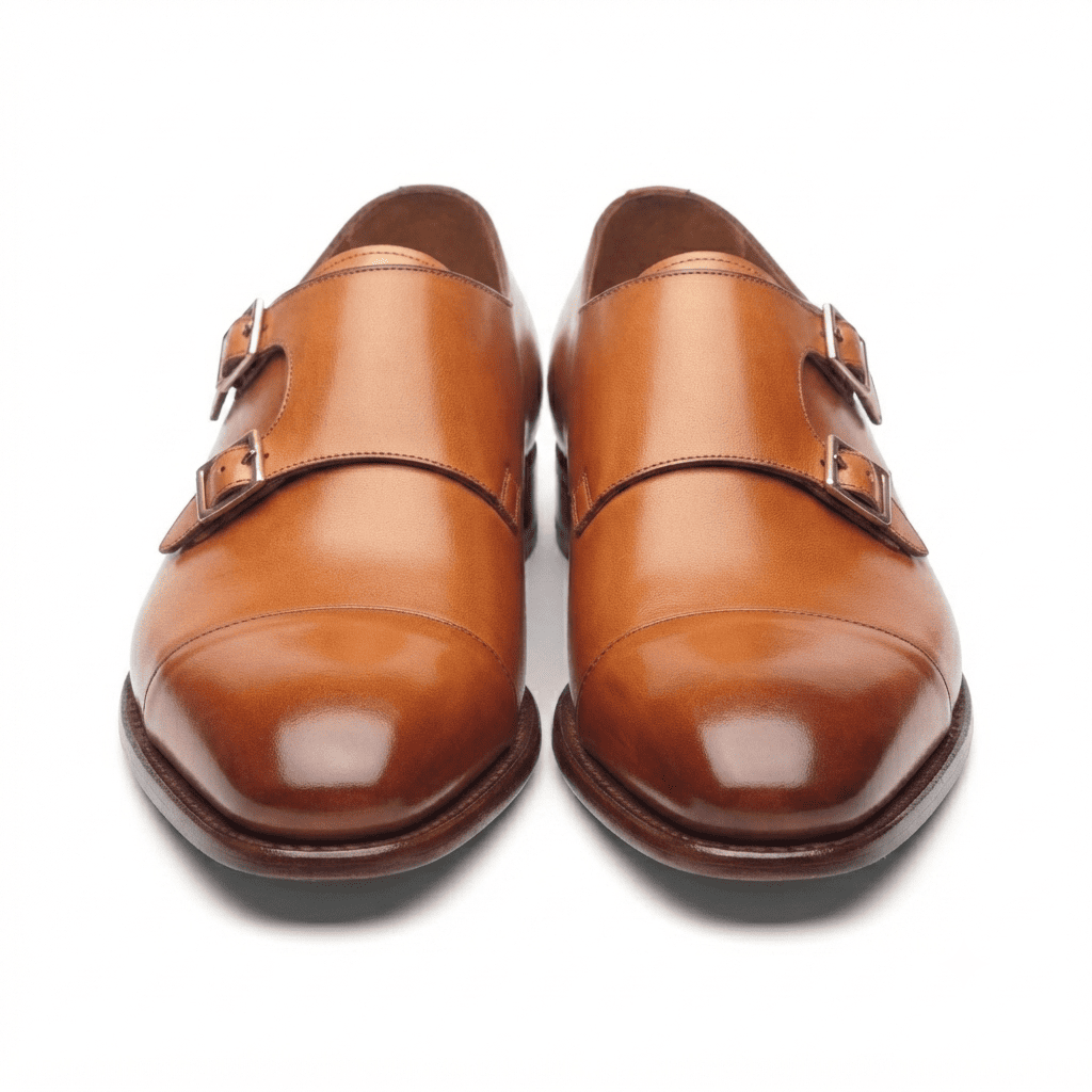 Brown leather double monk strap shoes front view