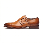Brown leather double monk strap shoe side profile