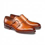 Brown leather double monk strap shoes for men