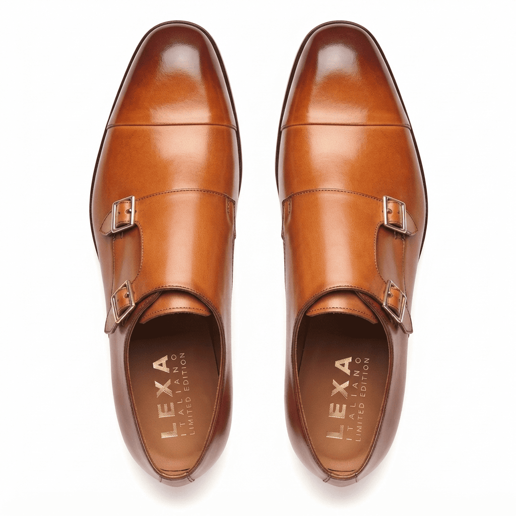 Pair of brown leather double monk strap shoes viewed from above